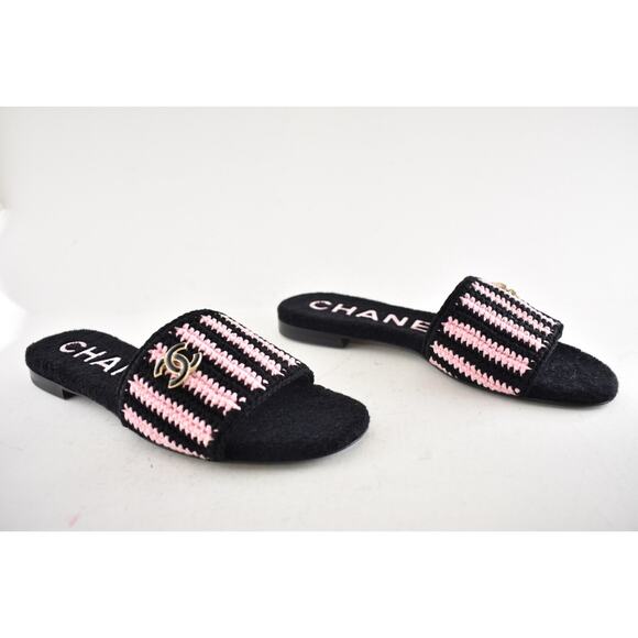 Chanel 24M Black Pink Crochet Stripe Camellia Flower Logo Mule Slide Sandal 39 - Picture 11 of 16